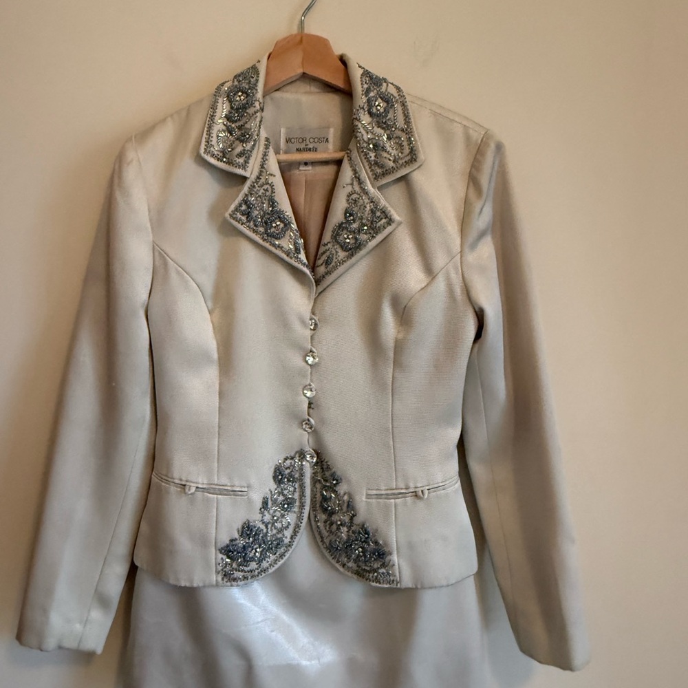 Victor Costa Cream Blazer and skirt with Silver Accents